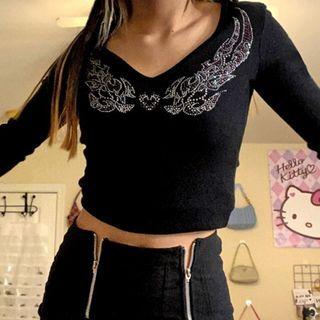 Long Sleeve V-neck Rhinestone Ribbed T-shirt