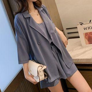 Set: Single-button 3/4-sleeve Blazer + Camisole Top + Shorts