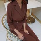 Notched-lapel 3/4-sleeve Wide-leg Jumpsuit With Belt