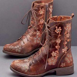 Faux Leather Floral Embroidery Mid-calf Boots
