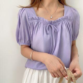 Plain Short-sleeve Tie-neck Blouse