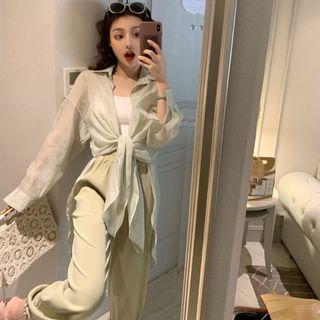 Cropped Camisole Top / Long-sleeve Sheer Shirt / High-waist Harem Pants