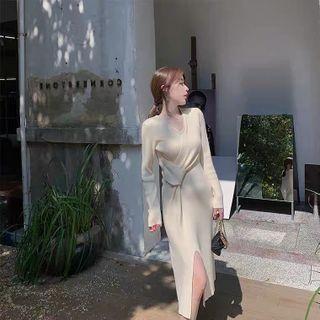 Long-sleeve Wrap Midi Knit Dress