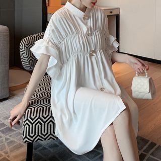 Elbow-sleeve Frill Trim Shirt Dress