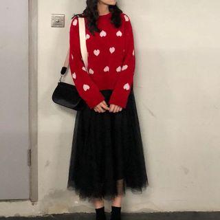 Heart Print Sweater / Sheer Midi Skirt