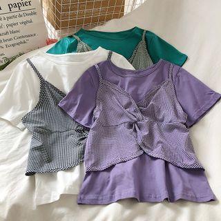 Mock Two-piece Plaid Panel Short-sleeve Top