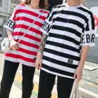 Couple Matching Set: Letter Stripe Short-sleeve T-shirt + Print Pants