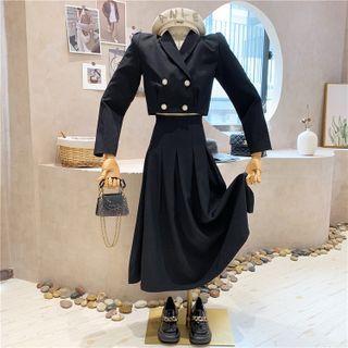 Set : Double-breasted Cropped Blazer + High-waist Plain Smocked   Skirt