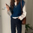 Contrast Trim Cable Knit Vest / Long-sleeve Plain Shirt / High-waist Jeans