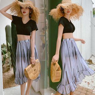Set: Short-sleeve Cropped Swim Top + Bottom + Swim Skirt