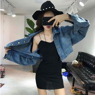 Set: V-neck Spaghetti Strap Knit Dress + Denim Jacket
