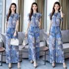 Set: Cap-sleeve Floral Blouse + Wide Leg Pants