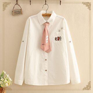 Cat Print Tie Long-sleeve Shirt