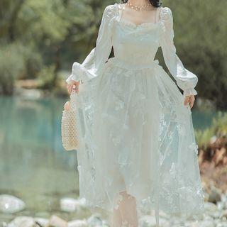 Long-sleeve Frill Trim Mesh Midi A-line Dress