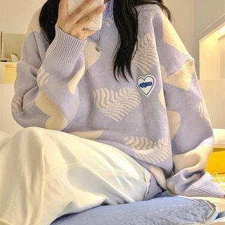 Heart Print Sweater Purple - One Size
