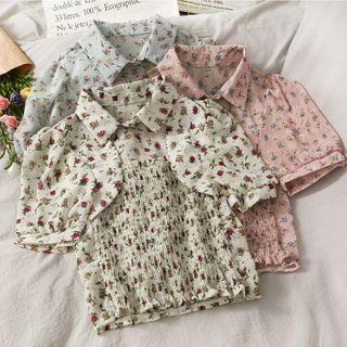 Short-sleeve Polo-collar Smocked Floral Top