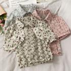 Short-sleeve Polo-collar Smocked Floral Top