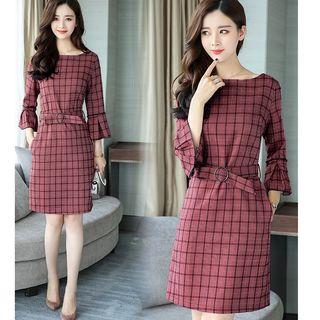 Plaid Bell-sleeve Sheath Dress
