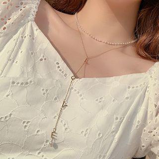 Faux Pearl Lettering Y Layered Choker Necklace Gold - One Size