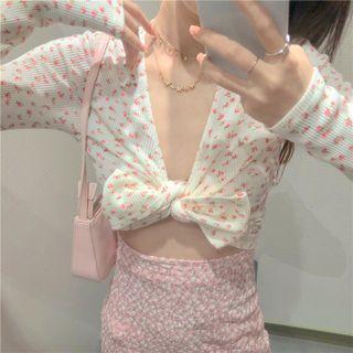 Long-sleeve Floral Print Twisted Crop Top / Mini Pencil Skirt