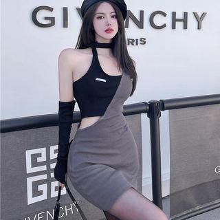 Mock Two-piece Halter-neck Asymmetrical Cutout Bodycon Dress