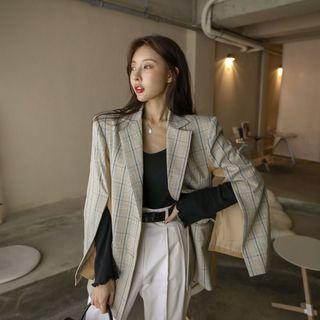 Slashed Sleeve Plaid-panel Blazer