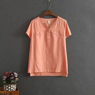 Split-neck Linen Cotton Short-sleeve Top