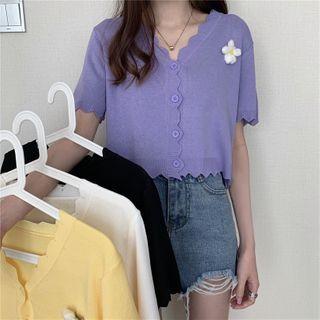 Short-sleeve Floral Brooch Cardigan