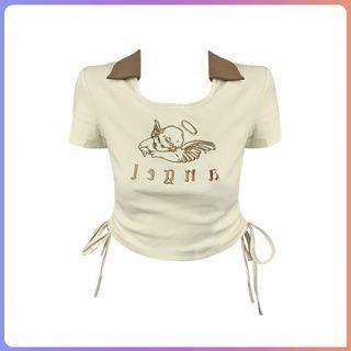 Short-sleeve Angel Embroidered Drawstring Polo Shirt