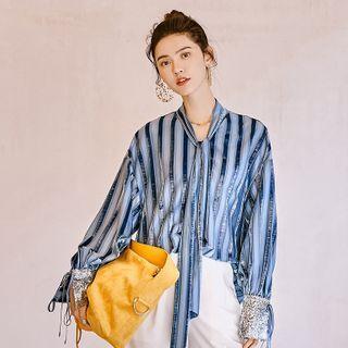 Sequined Striped Long-sleeve Tie-neck Blouse