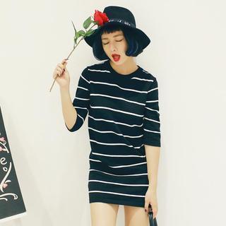 Elbow-sleeve Striped Knit Dress