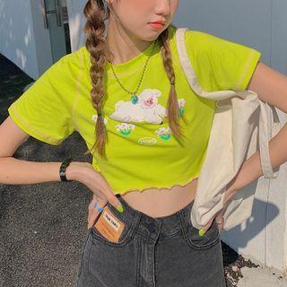 Short-sleeve Cropped Print Round-neck T-shirt Green - One Size