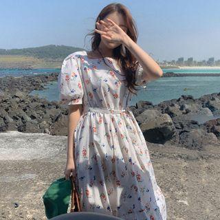 Puff-sleeve Square Neck Floral Drawstring Dress As Shown In Figure - One Size