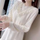 Long-sleeve Ruffled Lace Panel Knit A-line Dress