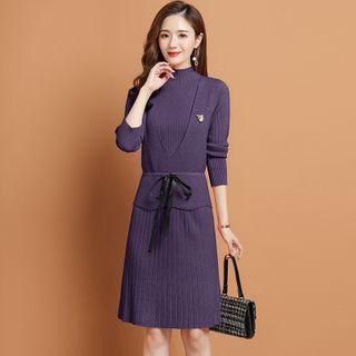 Set: Mock-neck Knit A-line Dress + V-neck Sweater Vest