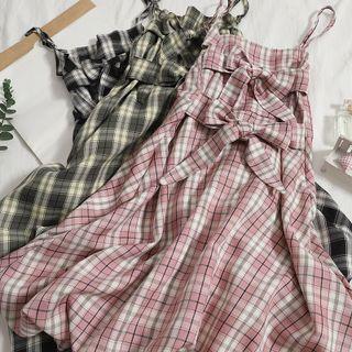 Strappy Bow Plaid A-line Dress