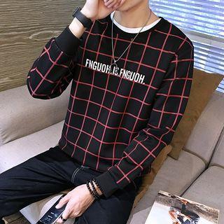 Long-sleeve Letter Print Checked Top