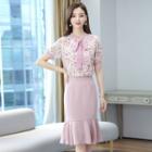 Set: Short-sleeve Floral Print Shirt + Midi Mermaid Skirt