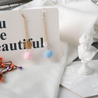 Non-matching Faux Pearl Pompom Metal Disc Drop Earring Ky10443 - Pink & Blue - One Size