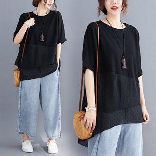 Short-sleeve Mesh-panel Loose-fit Top Black - One Size