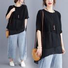 Short-sleeve Mesh-panel Loose-fit Top Black - One Size