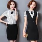 Set: Short-sleeve Striped Blouse + Jumper Dress