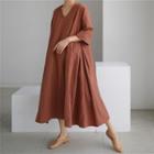 3/4-sleeve V-neck Midi Shift Dress