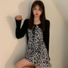 Spaghetti Strap Leopard Print Mini Dress / Long-sleeve Tie-strap Cardigan