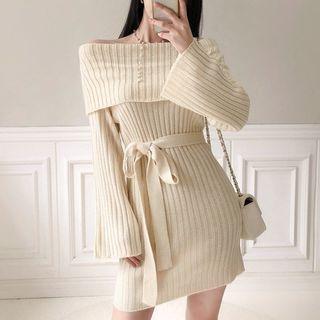 Off-shoulder Rib-knit Dress With Sash