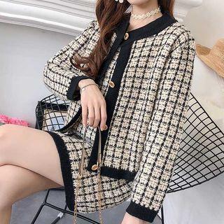 Set: Plaid Cardigan + Sleeveless Mini Knit Dress