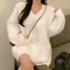 Fluffy V-neck Sweater White - One Size
