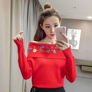 Flower Embroidered Off Shoulder Sweater