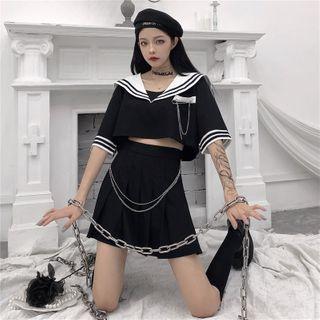 Sailor Collar Elbow-sleeve Cropped Top / Pleated Mini A-line Skirt / Chain Brooch