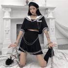 Sailor Collar Elbow-sleeve Cropped Top / Pleated Mini A-line Skirt / Chain Brooch